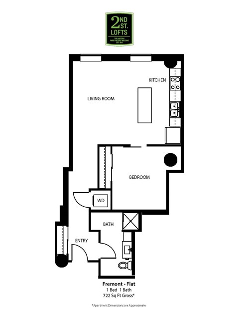 Floor plan for 1 bed, 1 bath, 722 sqft